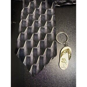 J. Ferrar Men's Silk Tie Gift Set with Flip Flop Keyring Black Silver Geometric